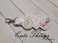 Peace Love Diet Coke DIGITAL Embroidery File, In The Hoop Key fob, Snap tab, Keychain, Bag Tag
