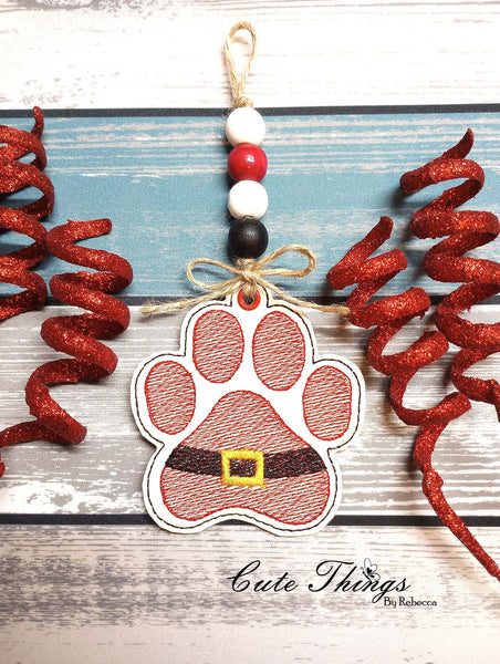 Santa Paw DIGITAL Embroidery File, In The Hoop Bookmark, Ornament, Gift Bag Tag, Eyelet