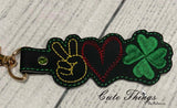 Peace Love Clover DIGITAL Embroidery File, In The Hoop Key fob, Snap tab, Keychain, Bag Tag