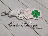 Peace Love Clover DIGITAL Embroidery File, In The Hoop Key fob, Snap tab, Keychain, Bag Tag