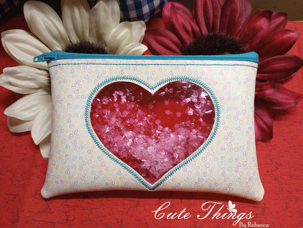 Reverse Applique Heart Top Zip Bag DIGITAL Embroidery File, In The Hoop
