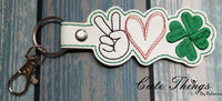 Peace Love Clover DIGITAL Embroidery File, In The Hoop Key fob, Snap tab, Keychain, Bag Tag