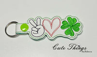 Peace Love Clover DIGITAL Embroidery File, In The Hoop Key fob, Snap tab, Keychain, Bag Tag