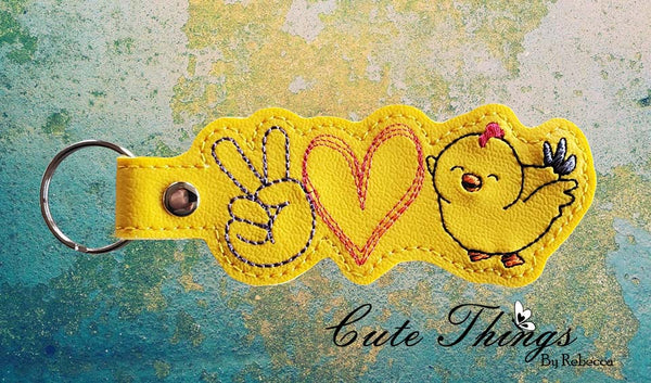 Peace Love Cute Chicken DIGITAL Embroidery File, In The Hoop Key fob, Snap tab, Keychain, Bag Tag