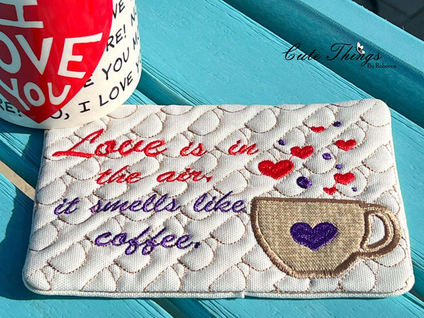 Love is in the air Mug Rug, Snack Mat  DIGITAL Embroidery File, In The Hoop 5x7, 6x10