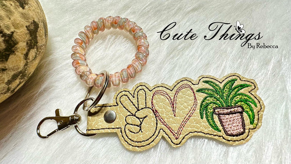 Peace Love Plant DIGITAL Embroidery File, In The Hoop Key fob, Snap tab, Keychain, Bag Tag