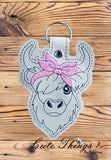 Cow DIGITAL Embroidery File, In The Hoop Key fob, Snap tab, Keychain, Bag Tag