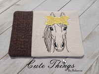 Horse with Applique Bow Mug Rug, Snack Mat  DIGITAL Embroidery File, In The Hoop 5x7, 6x10