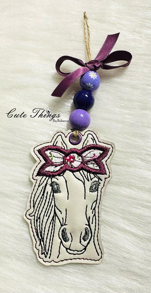 Horse applique bow DIGITAL Embroidery File, In The Hoop Bookmark, Ornament, Gift Bag Tag, Eyelet