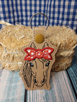 Horse Applique Bow DIGITAL Embroidery File, In The Hoop Key fob, Snap tab, Keychain, Bag Tag