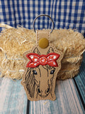 Horse Applique Bow DIGITAL Embroidery File, In The Hoop Key fob, Snap tab, Keychain, Bag Tag