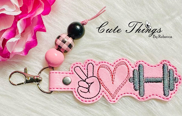 Peace Love Barbell  DIGITAL Embroidery File, In The Hoop Key fob, Snap tab, Keychain, Bag Tag