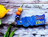 Peace Love Good Vibes DIGITAL Embroidery File, In The Hoop Key fob, Snap tab, Keychain, Bag Tag