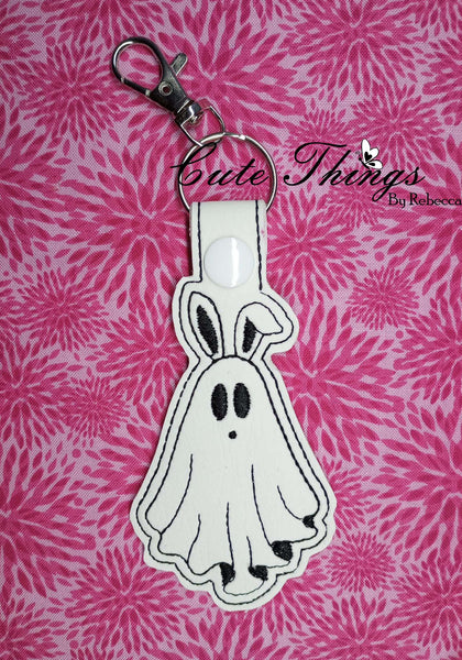 Ghost Bunny DIGITAL Embroidery File, In The Hoop Key fob, Snap tab, Keychain, Bag Tag