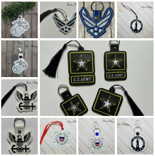 Military Bundle DIGITAL Embroidery File, In The Hoop Bookmark, Ornament, Gift Bag Tag, Eyelet, Snap Tab, Keychain, Key Fob