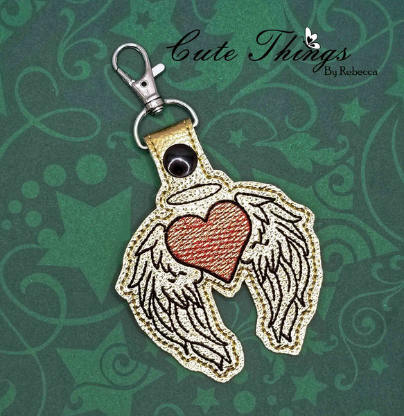 Angel Heart with Wings DIGITAL Embroidery File, In The Hoop Key fob, Snap tab, Keychain, Bag Tag