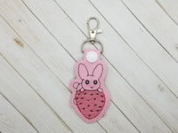 Cute Strawberry Bunny DIGITAL Embroidery File, In The Hoop 4x4 Key fob, Snap tab, Keychain, Cute Things By Rebecca