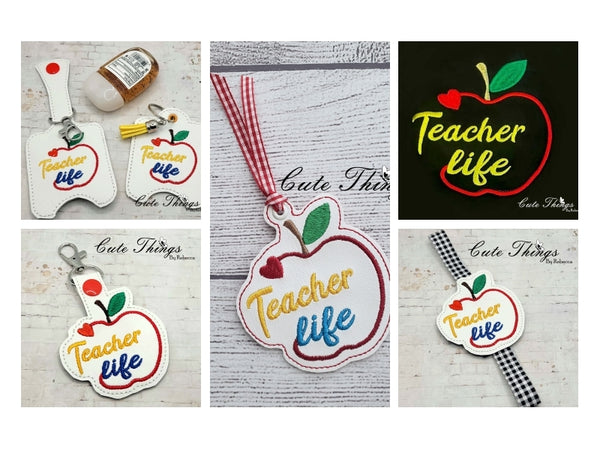 Teacher Life Bundle DIGITAL Embroidery File, In The Hoop, Bookmark, Snap tab, Planner Band, Sanitizer Holder 2 sizes, Stand alone 4 sizes